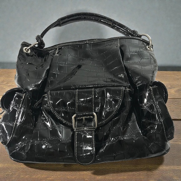 Women's Cabrelli Shiny Black Handbag Dressy Cocktail Purse - Picture 2 of 14